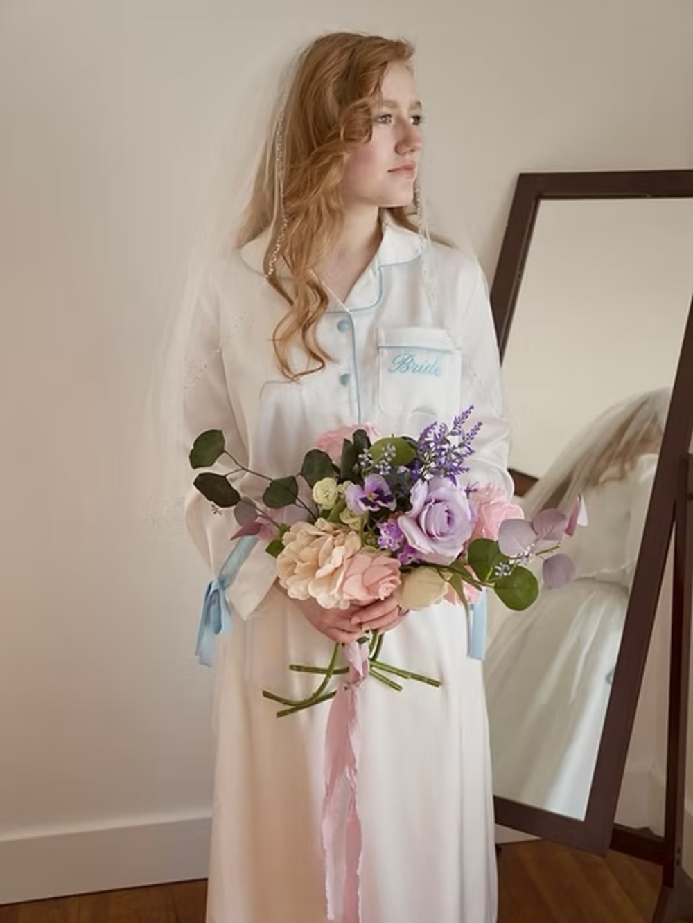 Bridal Satin Pajama Robe Set in White with Blue Trim